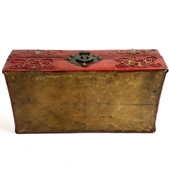 Antique 19th Century Handmade Leather Red Chinese Box Lacquered gold gilt symbol - Picture 13 of 16